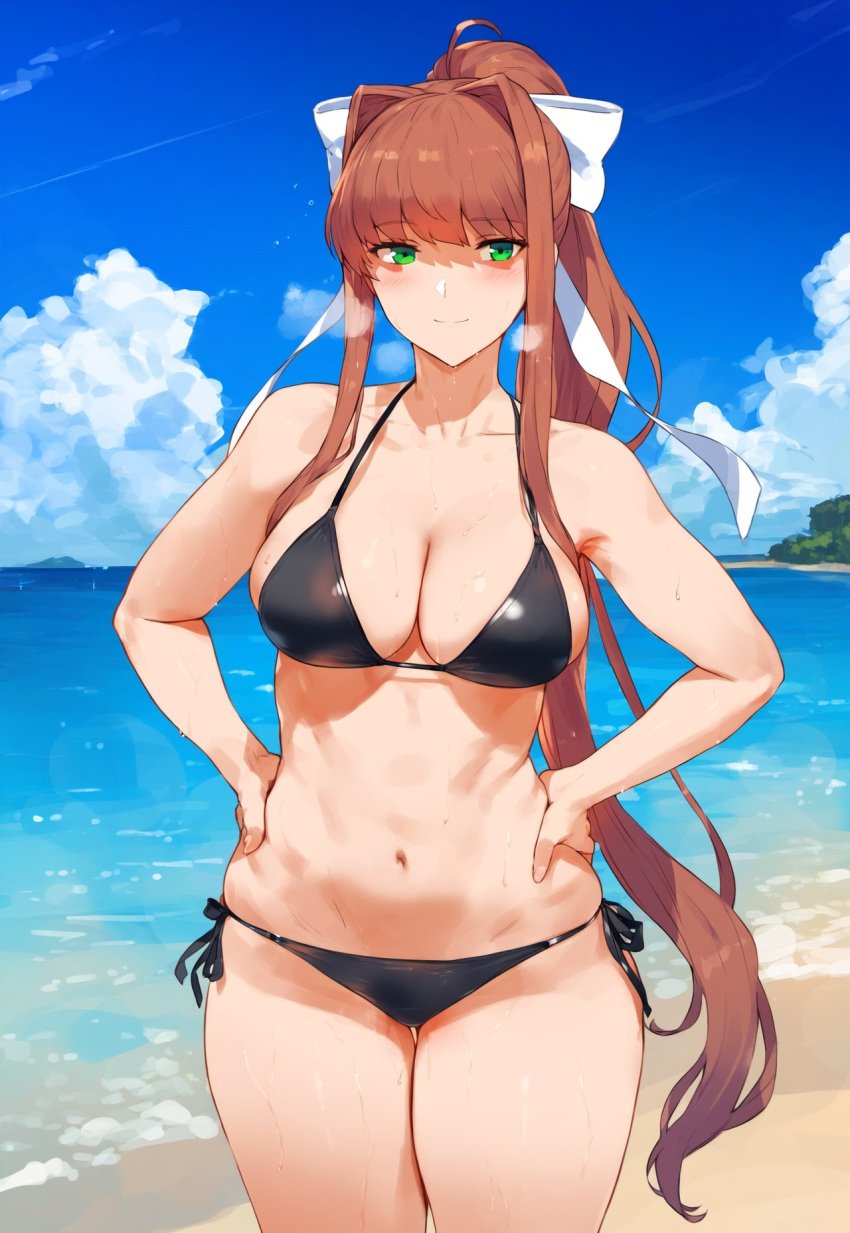 1girls ai_generated beach big_breasts bikini black_bikini breasts brown_hair doki_doki_literature_club female female_focus female_only green_eyes large_breasts light-skinned_female looking_at_viewer monika_(doki_doki_literature_club) ponytail smiling smiling_at_viewer