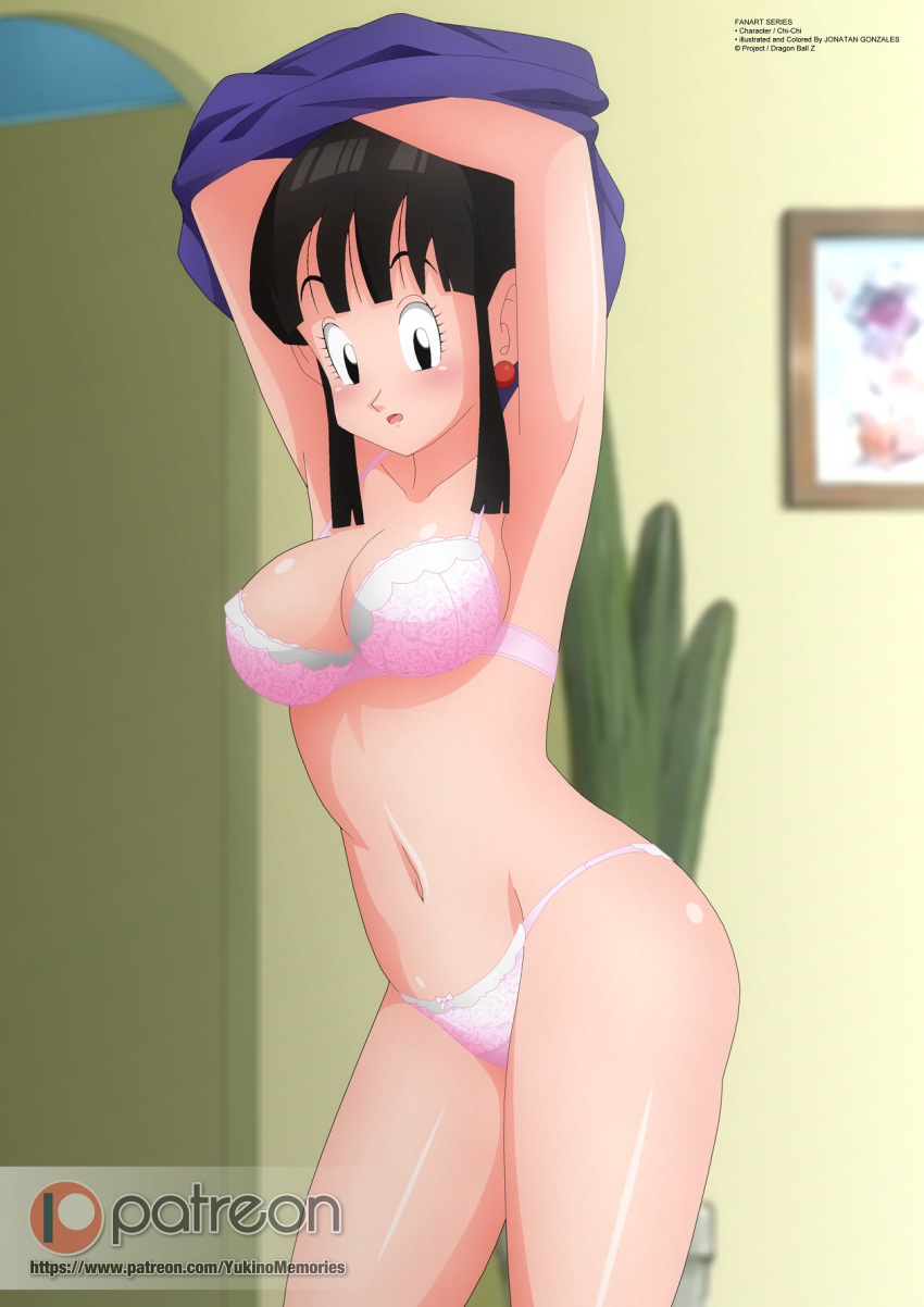 armpits blush bra chichi dragon_ball dragon_ball_z female jonatan_gonzales lingerie milf panties pink_bra pink_panties solo undressing yukino_memories zel-sama