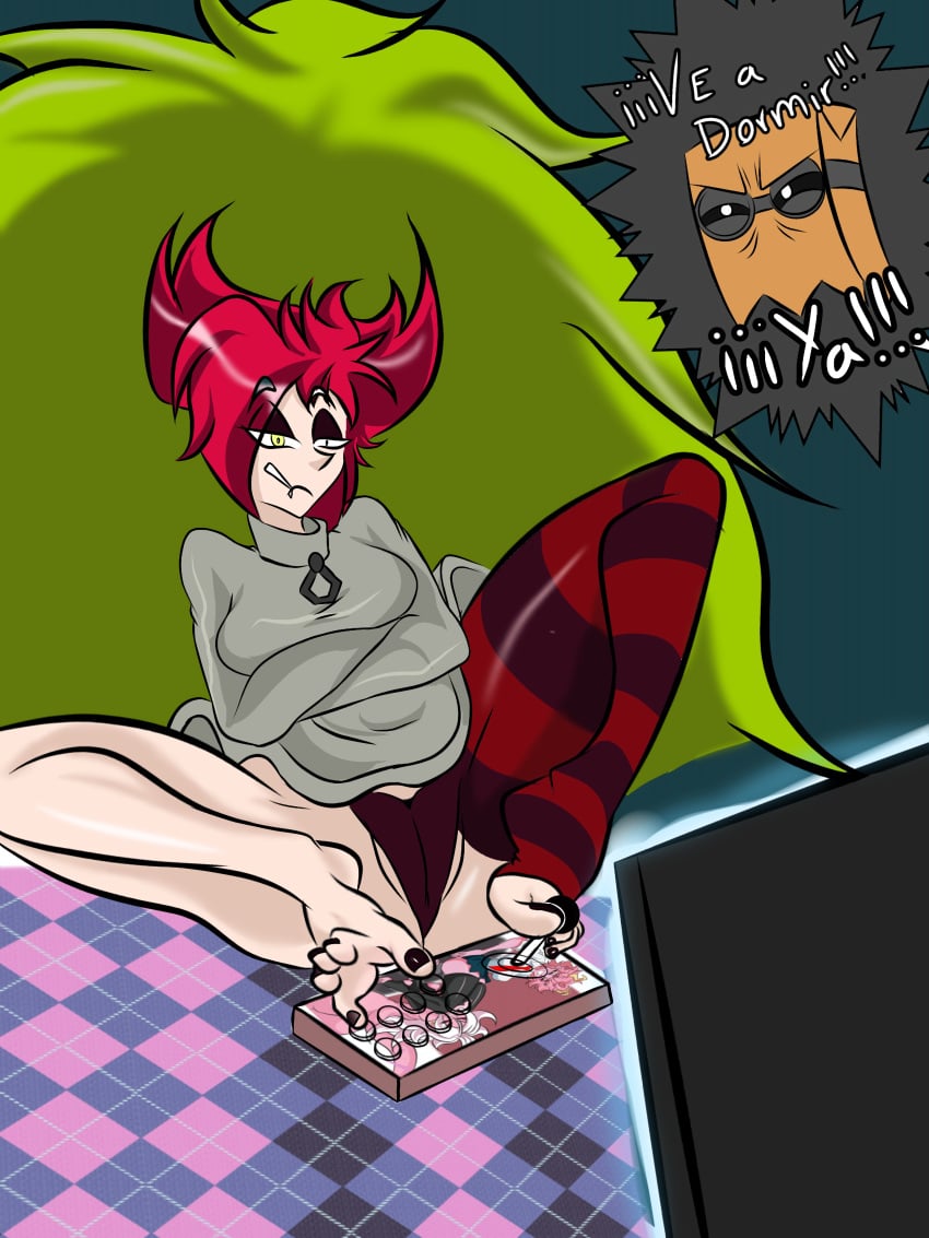 arcade barefoot big_breasts demencia_(villainous) fangs feet feet_fetish gaming legs redhair stockings villainous