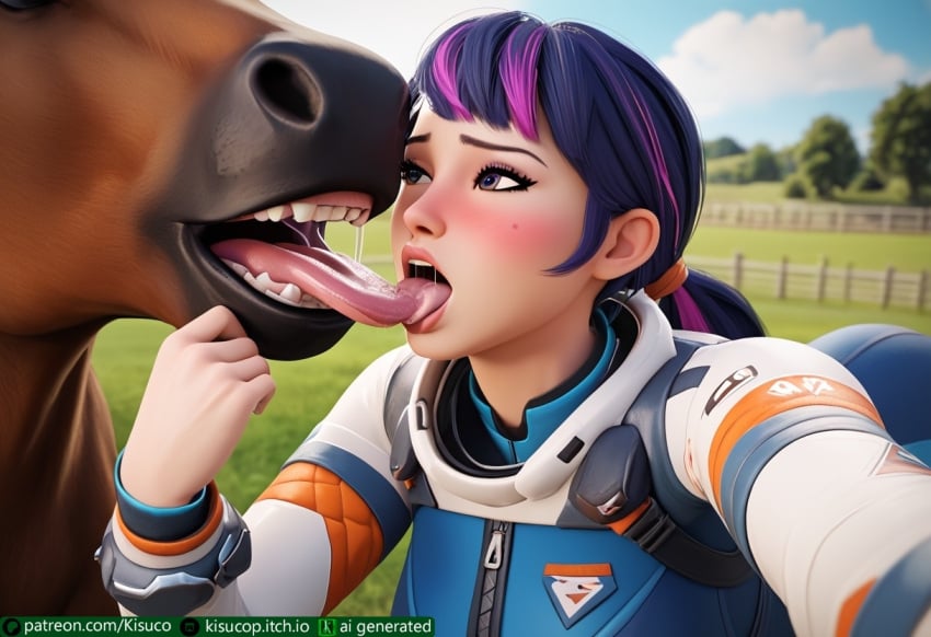 1animal 1boy 1girls ai_generated all_fours faceless_male french_kissing fumes horse interspecies interspecies_relationship juno_(overwatch) kissing kissing_horse kisuco long_tongue looking_at_another lovers overwatch_2 passionate_kiss saliva without_hat zoophilia