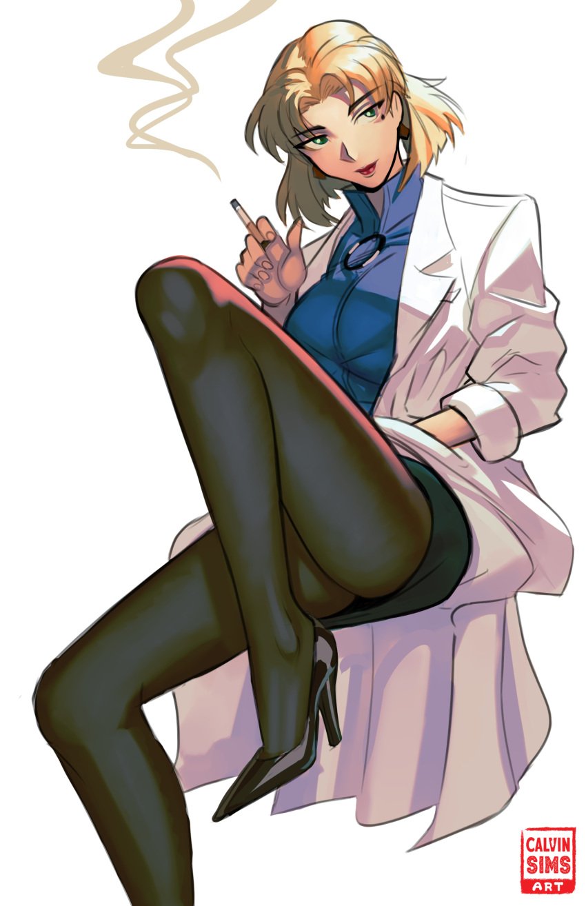 1girls 2024 bent_leg blonde_hair calvinsimsart cigarette female female_only green_eyes hand_in_pocket heels hi_res labcoat looking_at_viewer neon_genesis_evangelion pantyhose ritsuko_akagi sitting smoking solo white_background