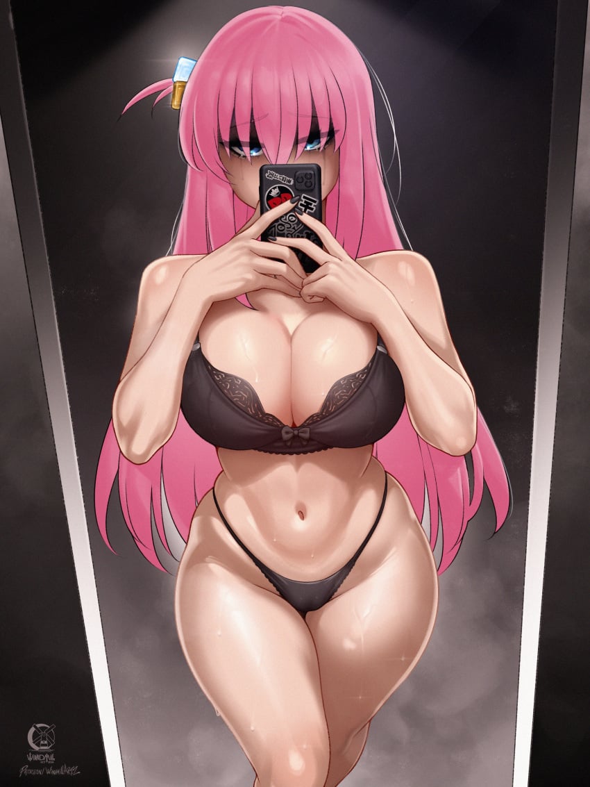 absurdres bare_shoulders bikini black_bra black_panties blue_eyes bocchi_the_rock! bra breasts cameltoe cleavage cube_hair_ornament curvy embarrassed eyelashes female gotou_hitori hair_ornament highleg highleg_panties highres holding holding_phone large_breasts leaf long_hair looking_at_viewer mirror_image navel panties parted_lips phone pink_hair selfie shiny_skin solo stomach sweat swimsuit tears thighs thong thong_bikini underwear very_long_hair white_bikini wide_hips windmill_(windmillg)