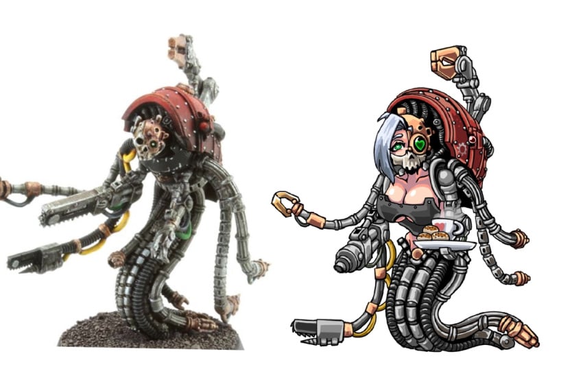 1girls adeptus_mechanicus almost_naked armor baked_goods bakery big_breasts bodyguard cable cables chainsaw chainsword claws cup_of_tea cybernetic_arm cybernetic_eye cybernetic_limb cybernetic_limbs cybernetics digital_eyes drill drink female games_workshop gun heart-shaped_pupils heart_eyes heart_symbol hot_beverage imperium_of_man mechadendrites metal_claws metal_tentacles miniature no_legs offering_drink offering_food plate practically_nude servant servitor skull tendrils tentacle tube tubes warhammer_(franchise) warhammer_40k weapon weapons wire wires