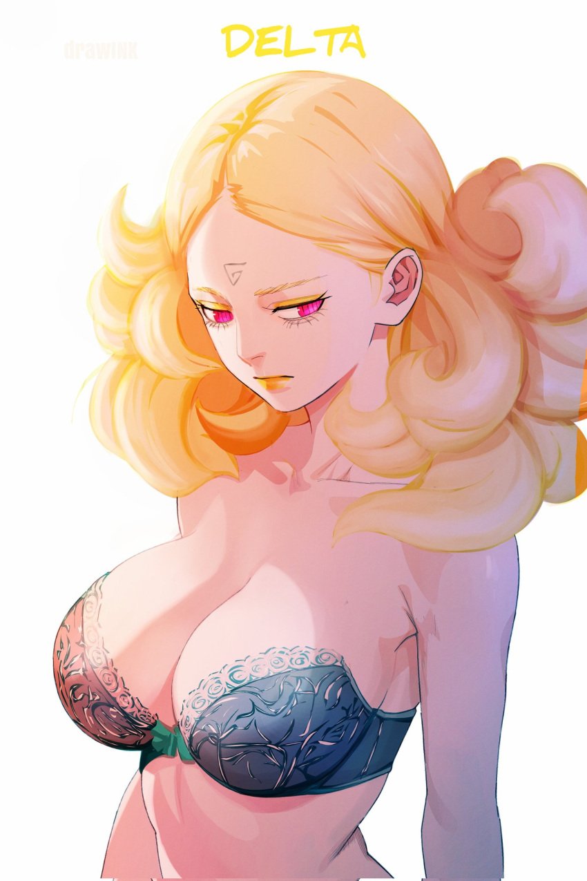 beautiful big_breasts blonde_female blonde_hair boruto:_naruto_next_generations boruto:_two_blue_vortex bra bra_only breasts breasts curly_hair delta_(boruto) drawink forehead_mark large_boobs large_breasts lingerie naruto naruto_(series) partially_clothed pink_eyes solo_female upper_body