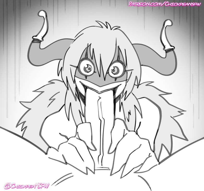 1boy 1girls 2024 arukenimon big_penis blowjob chickpea dark_background digimon digimon_(species) faceless_male grey_background grey_theme horns monochrome oral oral_sex pov simple_background uncensored veiny_penis