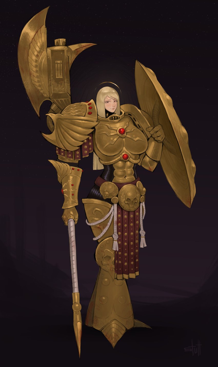 adeptus_custodes armor armored_female axe big_breasts blade blonde_hair blood blood_splatter blood_stain crystal gauntlet gauntlets gem gemstone giantess gold gold_(metal) gold_armor gold_jewelry gun heavy_armor jewel jewelry long_hair melee_weapon ranged_weapon red_eyes shield spear stuuuuh tall_female thick_thighs warhammer_(franchise) warhammer_40k weapon wide_hips