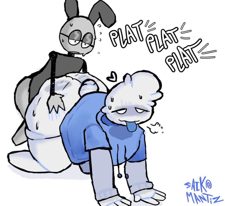 all_fours art_trade blue_tounge blushed bunny_ears bunnysuit chubby chubby_male cum_dumpster el_sick fat_ass femboy femboy_on_femboy from_behind fucking grey_skin hoodie oc plap plapping pleasure_face sweat sweaty tongue_out white_skin