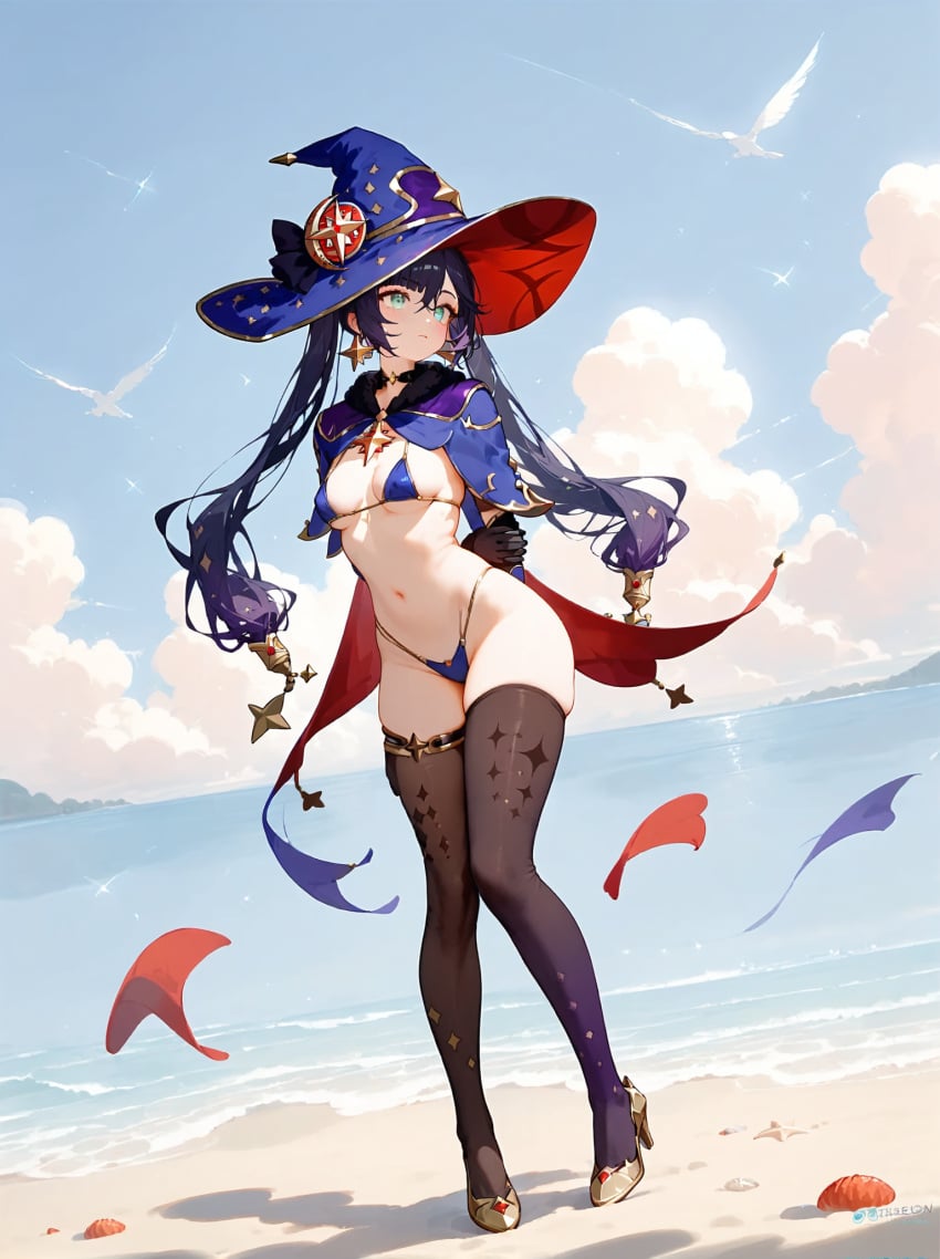 absurd_res ai_generated arms_behind_back beach belly_button bikini bikini_bottom bikini_top blue_eyes earrings female genshin_impact heels looking_away mini_bikini ministro mona_(genshin_impact) navel necklace purple_hair sea small_breasts thighhighs thighs twintails witch_hat