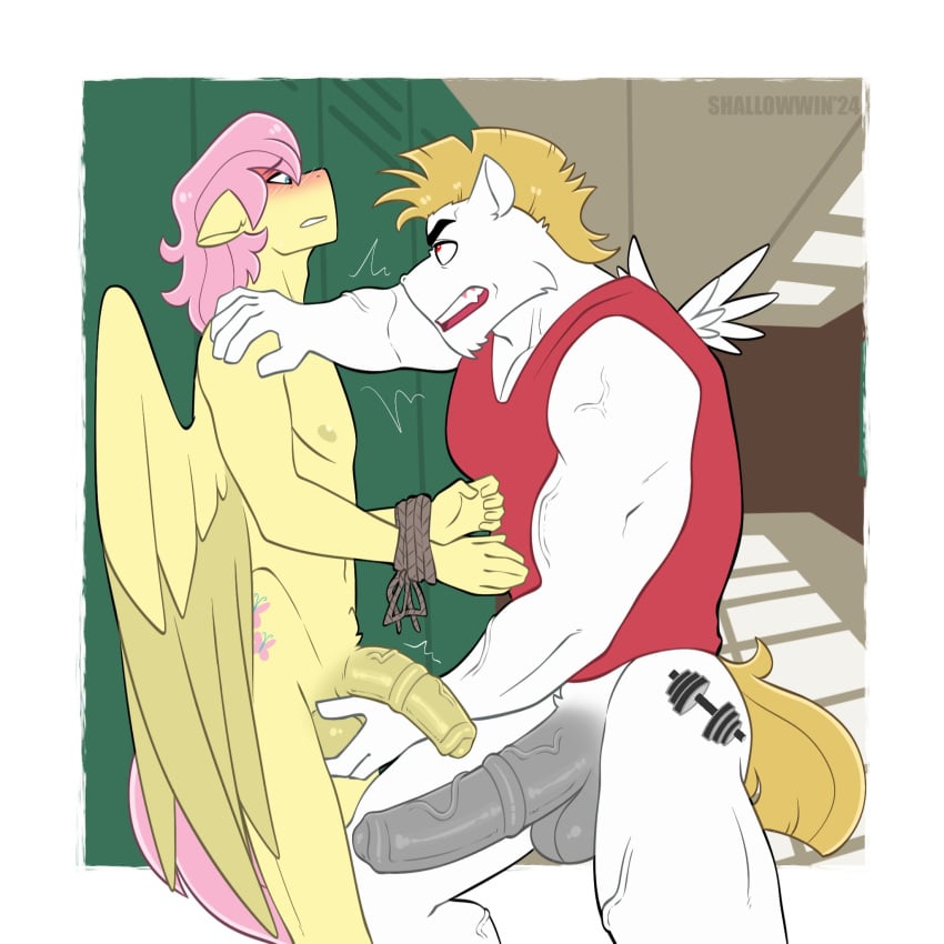 animal_genitalia animal_penis anthro blonde_hair blue_eyes blush bottomless bound bulk_biceps_(mlp) bullying clothed clothing duo equid equine equine_genitalia equine_penis erection fluttershy_(mlp) friendship_is_magic genitals hair hands_tied hasbro hi_res male male/male mammal medial_ring my_little_pony mythological_creature mythological_equine mythology nude pegasus penis penis_size_difference pink_hair red_eyes shallowwin shirt shirt_only tank_top tank_top_only topwear topwear_only white_body wings yellow_body