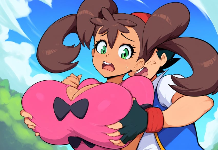 1boy 1girls ai_generated alternate_breast_size breast_grab cuckquean dark-skinned_female female grabbing green_eyes huge_breasts human male mullon muscular_male netorare novelai ntr pokemon pokemon_(anime) pokemon_journeys pokemon_xy satoshi_(pokemon) shauna_(pokemon)