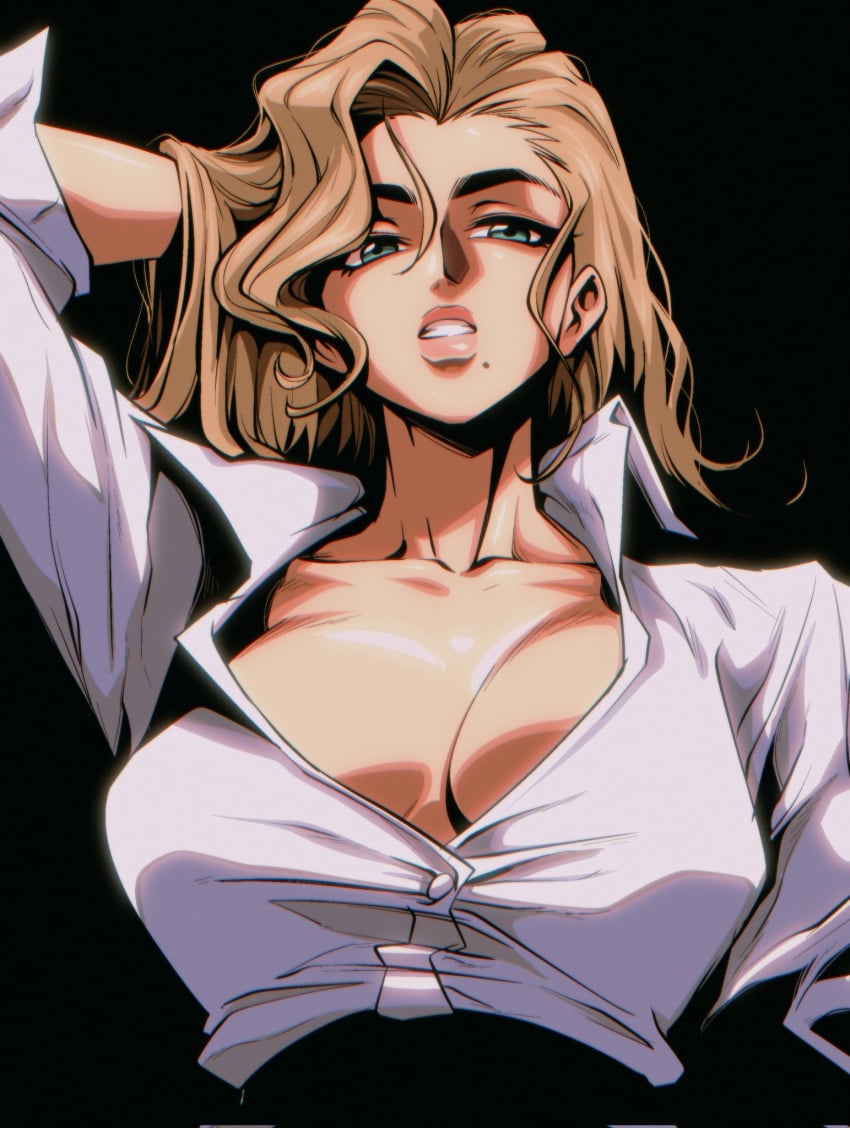 1girls balak beauty_mark black_background blonde_hair blonde_hair blue_eyes cleavage clothed_female collared_shirt female female_only large_breasts light-skinned_female long_hair partially_unbuttoned simple_background solo solo_female