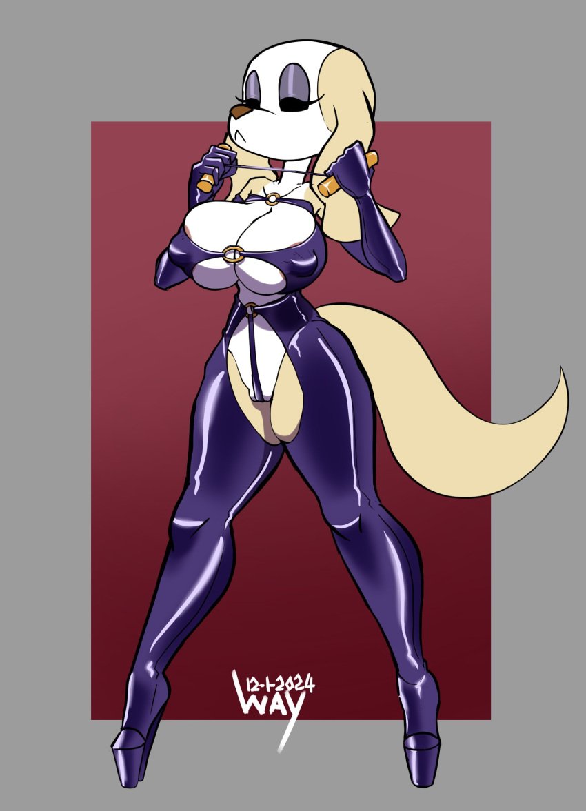 aggretsuko anthro areola areola_slip big_breasts black_eyes bondage borzoi breasts canid canine canis clothed clothed_anthro clothed_female clothing domestic_dog female female_anthro footwear fur genitals hi_res high_heels hunting_dog inui_(aggretsuko) legwear mammal mature_anthro mature_female multicolored_body multicolored_fur nipple_outline pussy pussy_floss sanrio shoes sighthound signature skimpy solo thigh_highs tight_clothing two_tone_body two_tone_fur wayesh white_body white_fur yellow_body yellow_fur