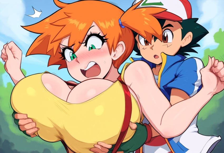 1boy 1girls ai_generated alternate_breast_size breast_grab breasts female gym_leader huge_breasts human kasumi_(pokemon) male mullon muscular_male novelai pokemon pokemon_(anime) pokemon_journeys pokemon_rgby satoshi_(pokemon) straight