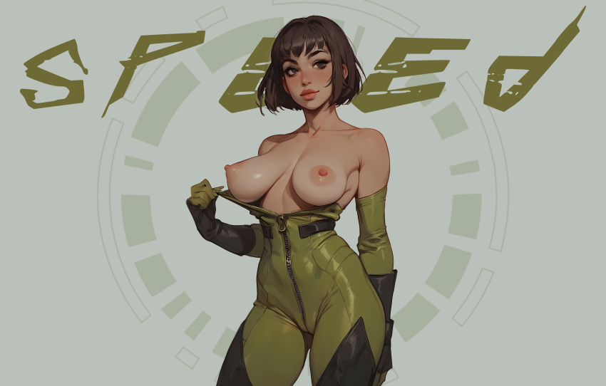 1female 1girls abs absurd_res absurd_resolution absurdres ai_generated areolae armwear big_breasts biker black_hair bob_cut boots breasts breasts_out brown_eyes busty clothing collared_jacket curvaceous curvy curvy_figure cybernetics cyberpunk dark_hair digital_drawing_(artwork) digital_media_(artwork) dyed_hair english_text exposed_breasts eyelashes female female_focus female_only fingerless_gloves fit fit_female front_view genitals gloves goth green_background green_clothing grey_skin hand_on_hip hi_res highlights highres horns hourglass_figure human humanoid jacket knee_boots large_breasts leather leather_jacket light-skinned_female light_skin looking_at_viewer manipulation navel nipples no_background nude open_clothes open_jacket open_mouth original original_artwork original_character pinup pose posing punk rolled_up_sleeves shiny_breasts shiny_skin short_hair signature silver_hair solo speed speed_lines spiky_hair standing straps text thick_thighs thigh_strap toned toned_female unzipped video_games wide_hips wraps