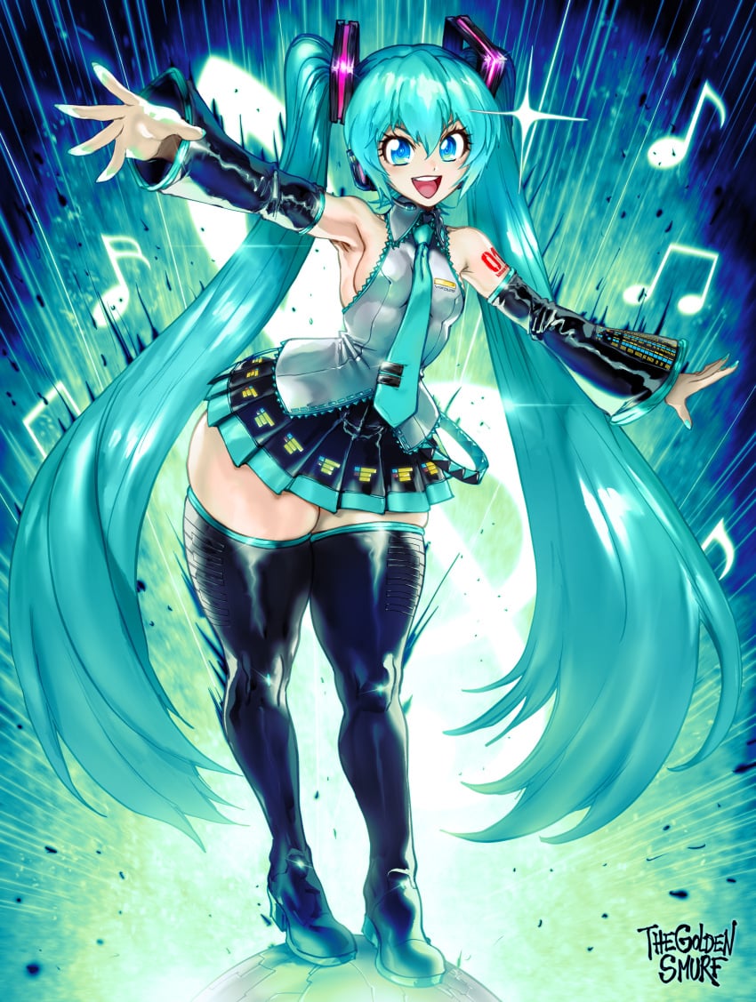 1girls absurd_res aqua_hair arm_sleeves blue_eyes dress female female_only hatsune_miku high_heel_boots long_hair looking_at_viewer necktie not_porn open_mouth skirt small_breasts smiling smiling_at_viewer solo thegoldensmurf thick_thighs thigh_squish twintails very_long_hair vocaloid wide_hips