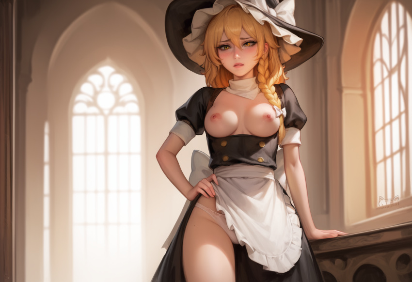 1girls ai_generated anaslex blonde_hair braid braided_hair breastless_clothes breastless_clothing dress exposed exposed_breasts hand_on_hip hi_res long_hair marisa_kirisame pale-skinned_female pale_skin panties pose posing shy solo standing topless_dress touhou waist_apron white_panties yellow_eyes