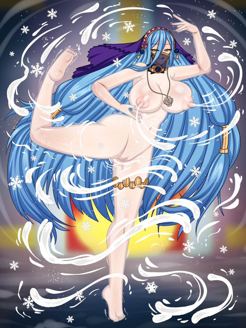 1girl 1girls areola areolae azura_(fire_emblem) azura_(performing_arts)_(fire_emblem) barefoot big_nipples blue_hair breasts clitoris commission covered_in_milk dancer dancer_outfit dancing erect_nipples female female_only fire_emblem fire_emblem_fates fire_emblem_heroes gold_eyes highres huge_breasts lactating lactation lactation_without_expressing large_breasts long_hair long_nipples looking_at_viewer loutaniart magic milk milk_stream milkbending mouth_veil mysterious_dancer nintendo nipples nude nude_female pendant perky_breasts perky_nipples pink_nipples prostitute puffy_nipples pussy pussy_juice seductive shaved_pussy snowflake snowflakes solo solo_female story_at_source thick_thighs veil very_long_hair wide_hips yellow_eyes