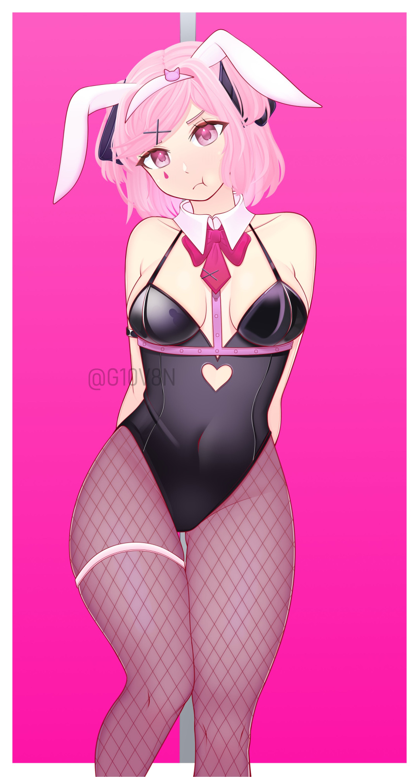 1female 1girls :t artist_name bare_shoulders boobs breasts bunny_ears bunny_ears_headband bunny_suit bunnysuit collar doki_doki_literature_club female_focus fishnet_legwear fishnets g10v8n giovan108 headband inner_sideboob legwear natsuki_(doki_doki_literature_club) navel navel_visible_through_clothes pink_eyes pink_hair pout solo_female twitter_username