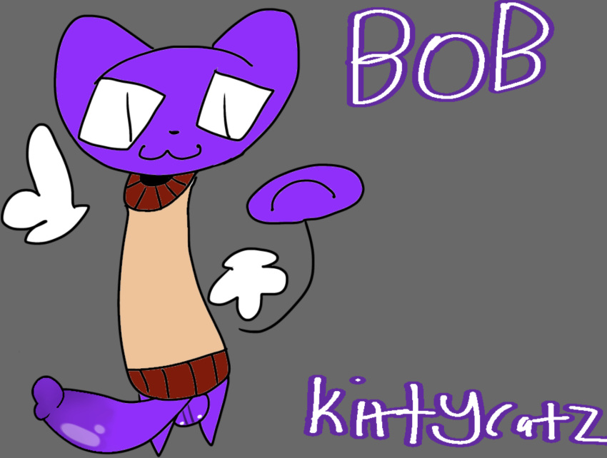 alien anthro balls big_balls bob_(superiorfoxdafox) brown_clothing clothing domestic_cat felid feline felis floating_hands genitals gesture hand_gesture happy hi_res huge_balls kittycatz male male/male mammal purple_body solo thumbs_up