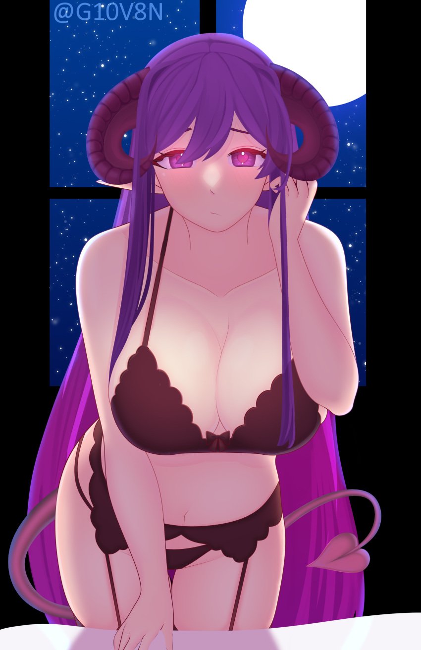 1female 1girls artist_name bare_shoulders big_breasts black_bra black_panties bow bow_panties bra breasts cleavage demon demon_girl doki_doki_literature_club female_focus g10v8n garter_straps giovan108 heart-shaped_pupils long_hair matching_underwear moon moonlight navel panties purple_eyes purple_hair really_long_hair solo_focus tail twitter_username very_long_hair yuri_(doki_doki_literature_club)