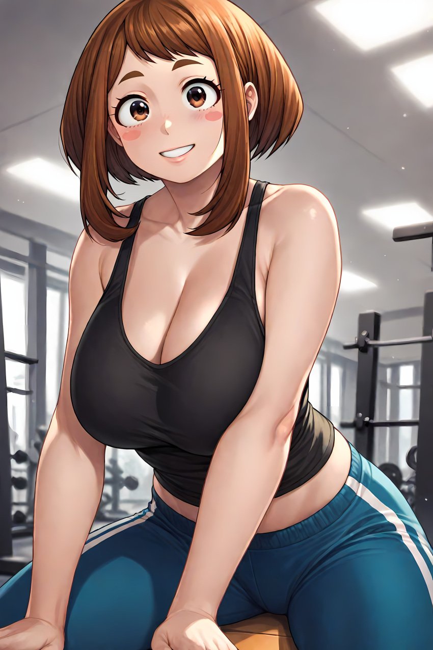 1girls ai_generated bare_shoulders big_breasts black_shirt black_tank_top blush breasts brown_eyes brown_hair cleavage curvy evodubeai female gym gym_uniform huge_breasts large_breasts looking_at_viewer my_hero_academia ochako_uraraka pants short_hair sleeveless sleeveless_shirt solo tank_top thick_thighs workout workout_clothes