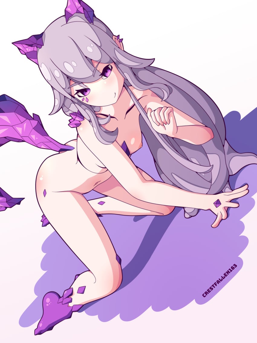 1girls all_fours artist_name breasts catgirl completely_nude crestfallen163 crystal_tail crystals hololive hololive_advent hololive_english koseki_bijou pale_skin purple_background purple_eyes self_upload simple_background small_breasts virtual_youtuber white_hair