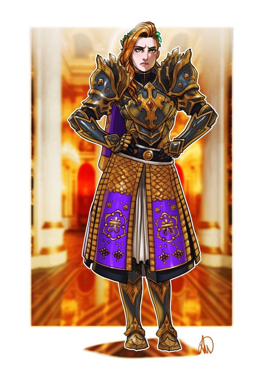 2024 absurd_res angua annoyed annoyed_expression armor armored_boots armored_dress armored_female armored_gloves blonde_female blonde_hair blonde_hair_female breastplate clothed clothed_female commission commissioner_upload female female_only frown full_armor fully_clothed ganassa gauntlets greaves green_eyes guild_wars guild_wars_2 hair_ornament hands_on_hips human human_female looking_at_viewer original_character pauldrons posing purple_skirt skirt