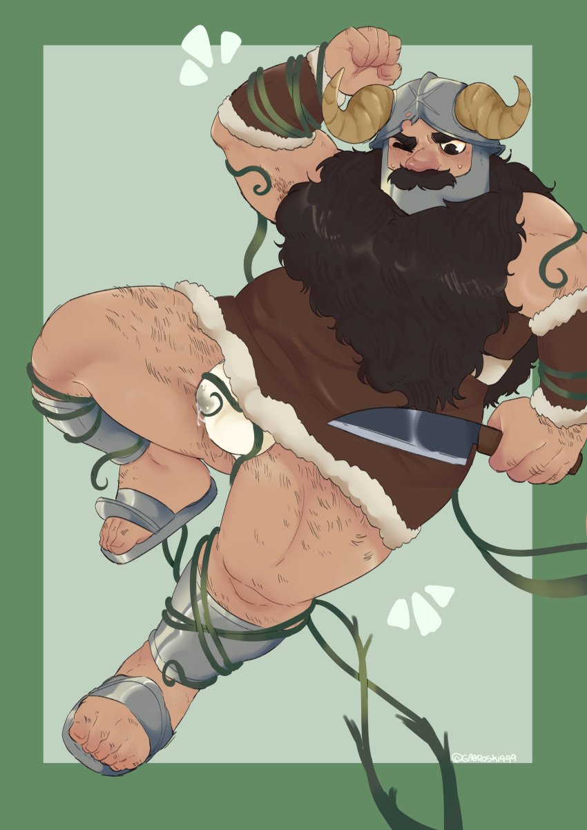 1boy absurdres armpit_hair armpit_hair_peek bara beard bound brown_hair bulge covered_penis dungeon_meshi dwarf facial_hair fake_horns full_body gabo_(gabroski999) hand_hair helmet highres holding holding_knife horned_helmet horns knife knuckle_hair long_beard male_focus moustache muscular muscular_male one_eye_closed precum precum_through_clothes senshi_(dungeon_meshi) solo tent thick_leg_hair thick_mustache thick_thighs thighs very_long_beard