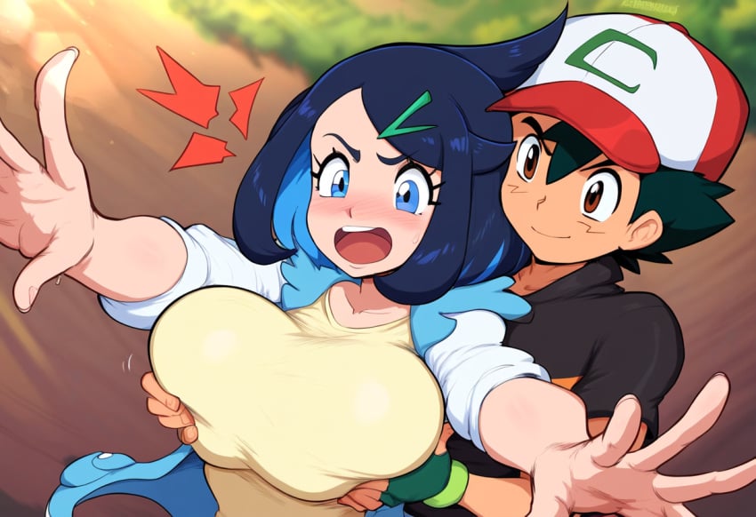 1boy 1girls ai_generated ash_ketchum breast_grab female grabbing huge_breasts liko_(pokemon) mullon muscular_male netorare novelai ntr pokemon pokemon_(anime) pokemon_horizons pokemon_journeys satoshi_(pokemon)