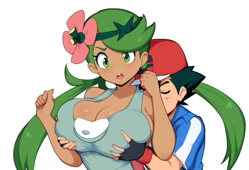 1boy 1girls ai_generated alternate_breast_size breast_grab breasts dark-skinned_female female huge_breasts human male mallow_(pokemon) mullon muscular_male novelai pokemon pokemon_(anime) pokemon_journeys pokemon_sm satoshi_(pokemon) straight trial_captain