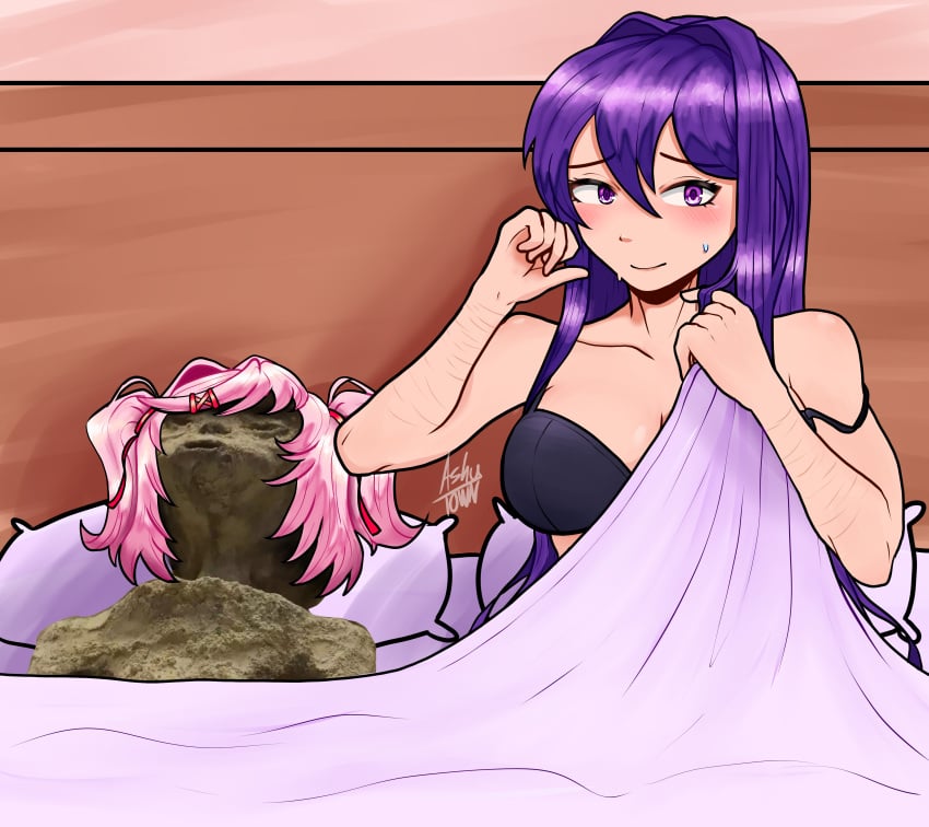 2girls 5_fingers ashytown bare_shoulders bed blanket blanket_grab bra breasts cleavage doki_doki_literature_club female female_only guy_tired_after_sex_(meme) healed_scars in_bed long_hair mexico_alien multiple_girls natsuki_(doki_doki_literature_club) pillow pink_hair purple_eyes purple_hair self_harm_scars yuri_(doki_doki_literature_club)