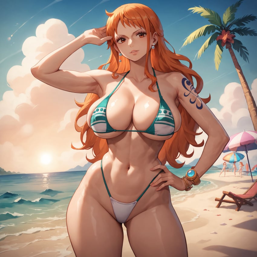 1girls 3girls ai_generated alex-schura alex_schura armpits bangs bare_shoulders beach beach_chair beach_umbrella bikini blue_sky bracelet breasts brown_eyes cleavage clothing cloud completely_nude cowboy_shot curvaceous curvaceous_female curvaceous_figure curvy curvy_figure day earrings female female_focus female_only green_bikini hand_on_hip highleg highleg_bikini jewelry large_breasts long_hair looking_at_viewer midriff multiple_girls nami nami_(one_piece) navel ocean one_piece orange_eyes orange_hair outdoors palm_tree parted_lips post-timeskip sand skindentation sky smile solo solo_focus standing stomach string_bikini swimsuit tattoo thighs tree umbrella voluptuous voluptuous_female water white_bikini