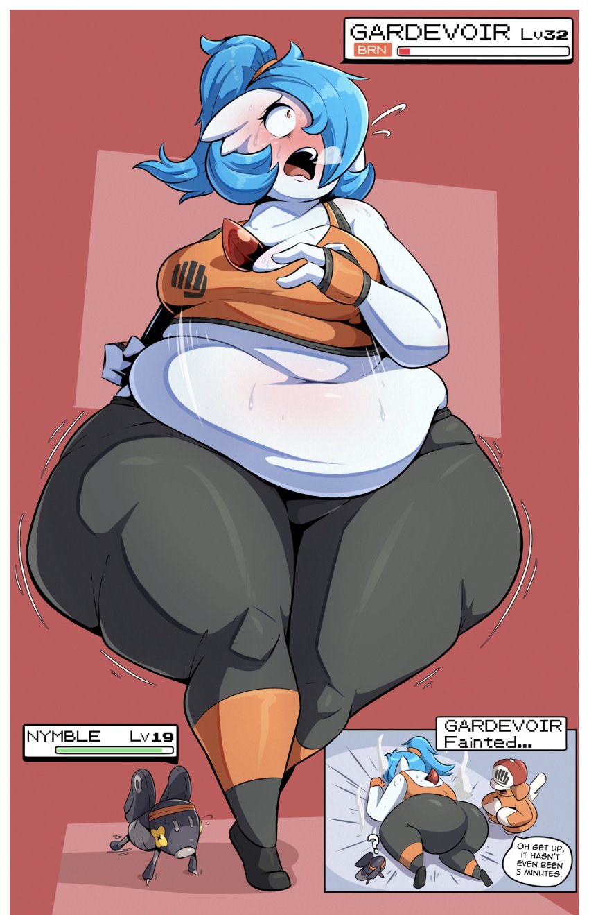 1girls ass belly big_belly exercise fat_rolls female gardevoir huge_ass pawmot pear_shaped pokemon pokemon_(species) speech_bubble tank_top text text_box thick_thighs thighs veryfilthything workout_clothes yamcha_death_pose