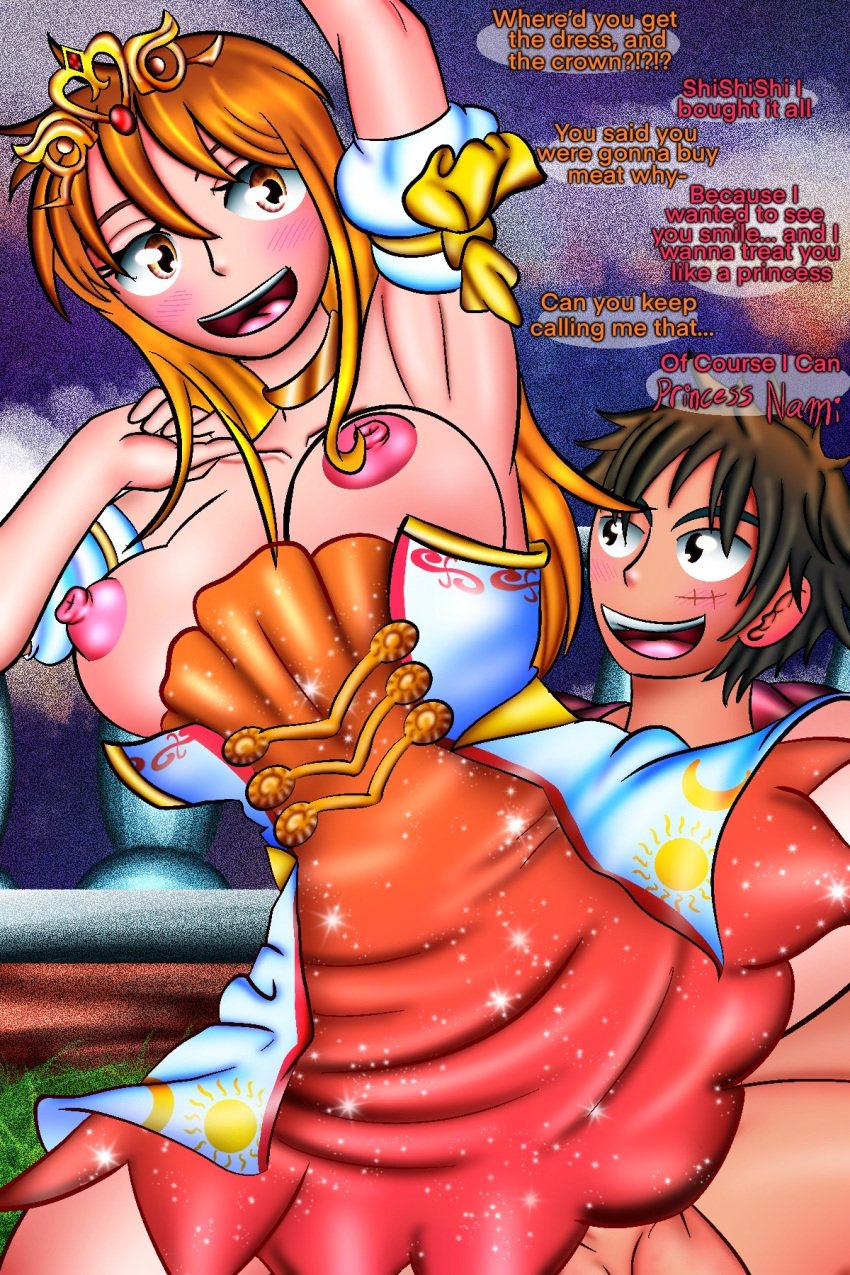 1boy 1girls big_penis breasts couple crown curvy dialogue dress dress_lift female flores functionally_nude_female huge_breasts light-skinned_female light_skin long_hair looking_at_another male monkey_d_luffy nami nami_(one_piece) one_piece orange_eyes orange_hair penis post-timeskip princess riding roleplay sex tan-skinned_male thick_tighs tiara uncensored wholesome