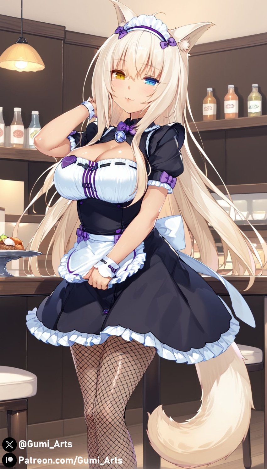 ai_generated blonde_hair blue_eyes cafe cat_ears cat_tail catgirl cleavage coconut_(sayori) gumi_arts heterochromia indoors large_breasts looking_at_viewer maid maid_uniform nekopara stable_diffusion thighs yellow_eyes