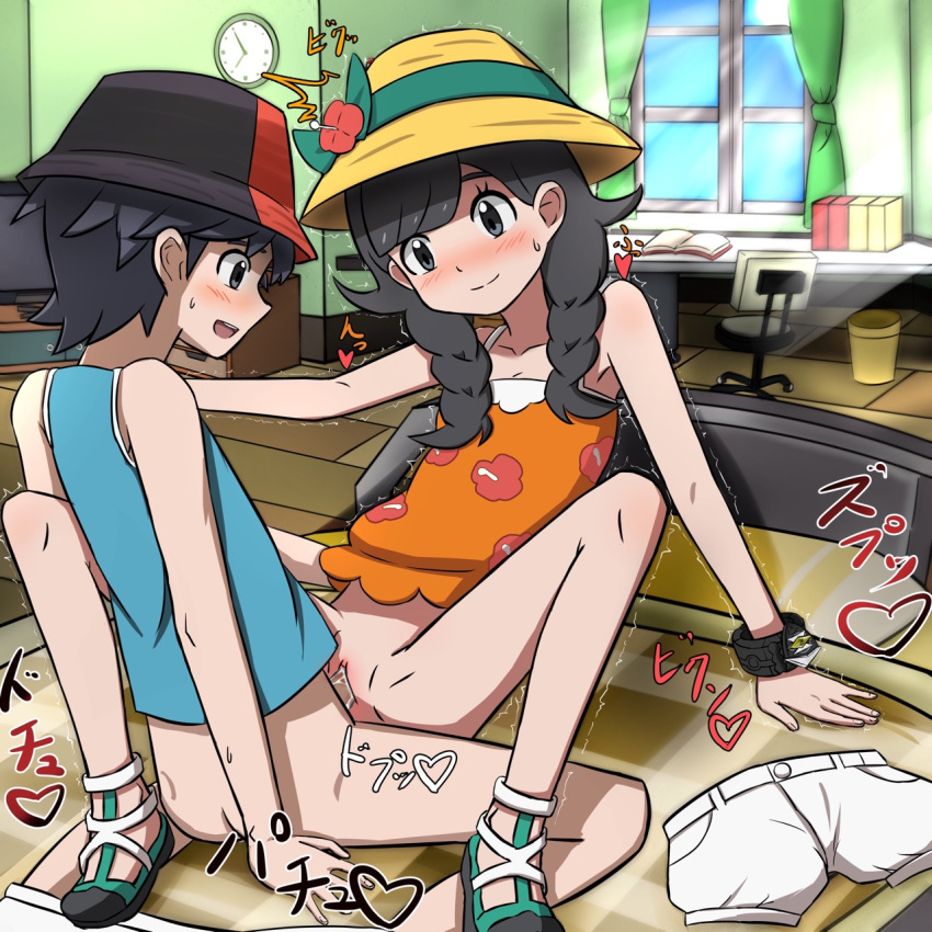 1boy 1girls bedroom black_eyes black_hair blush bottomless breasts clothed_sex elio_(pokemon) elio_(pokemon_usm) female furanshisu human human_only indoors nintendo no_panties pokemon pokemon_usm pussy selene_(pokemon) selene_(pokemon_usm) sex shorts shorts_removed small_breasts smile spread_legs straight tank_top text twin_braids vaginal_penetration