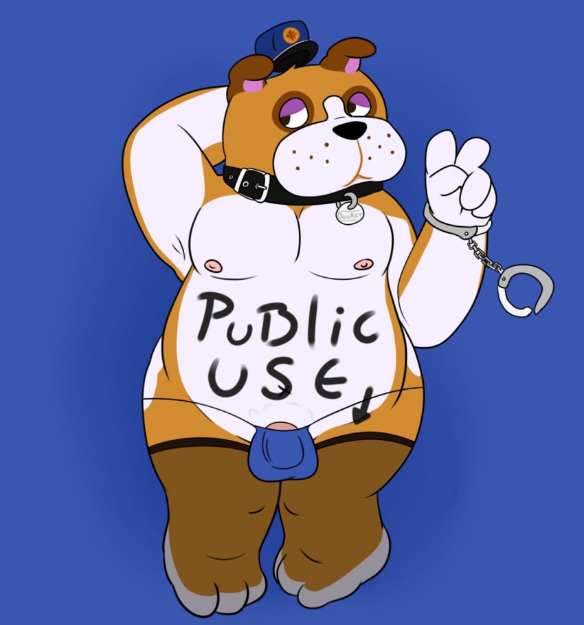 1boy 2017 animal_crossing anthro barely_visible_genitalia body_writing booker_(animal_crossing) bulge bunnybara canine clothing collar gesture handcuffs male male_only mammal nintendo shackles solo subtle_penis underwear v video_games