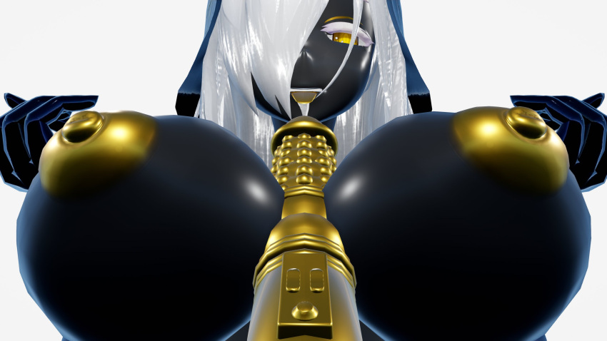 1girls 3d breasts dildo dildo_between_breasts gold_nipples hair_over_one_eye long_hair looking_at_viewer nipples no_bra sakusya4 solo yellow_eyes