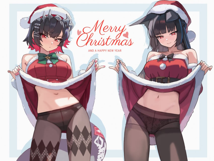 2girls belly_button breasts christmas dress dress_lift ellen_joe flashing hoshimi_miyabi panties pantyhose rehu_(astd5787) santa_hat see-through skirt_lift smile teasing zenless_zone_zero