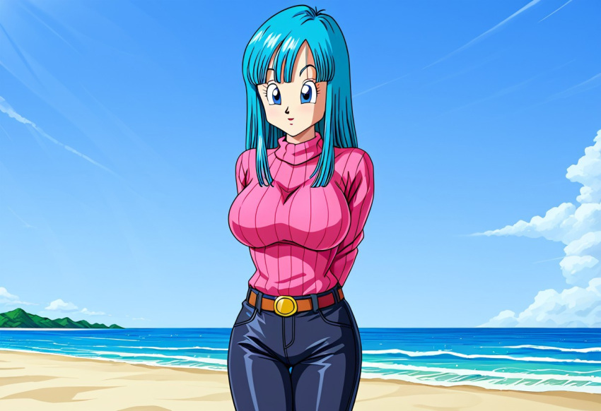 ai_generated arms_behind_back blue_eyes blue_hair civitai dragon_ball dragon_ball_z knitted_sweater large_breasts long_hair maron sweater