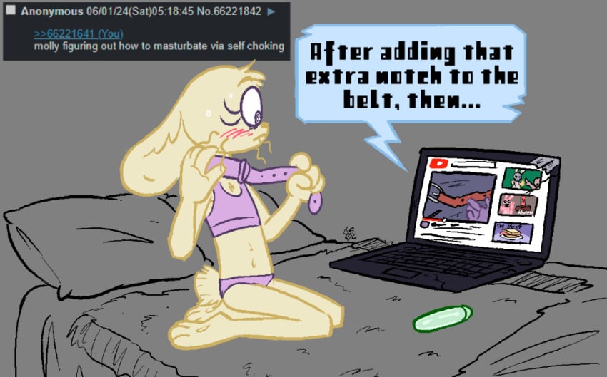 2024 4chan anthro bed belt biped blush blush_lines clothed clothing computer dialogue electronics english_text fan_character female furniture head_tuft inside kneeling lagomorph laptop leporid looking_at_object mammal molly_(roommates) on_bed panties rabbit roommates:motha scut_tail sex_toy shirt short_tail sitting sitting_on_bed solo soulcentinel speech_bubble spot_color tail tank_top text topwear tuft underwear underwear_only vibrator whiskers