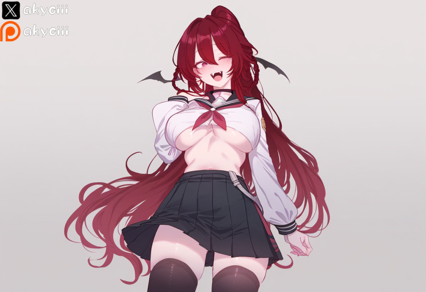 1girls ai_generated akyoi black_skirt black_thighhighs blush closed_eye fangs large_breast long_hair looking_at_viewer oc open_mouth original_character ponytail red_eyes red_hair red_ribbon ribbon school_uniform skirt standing tight_clothing tongue tongue_out underboob white_background wings_on_head