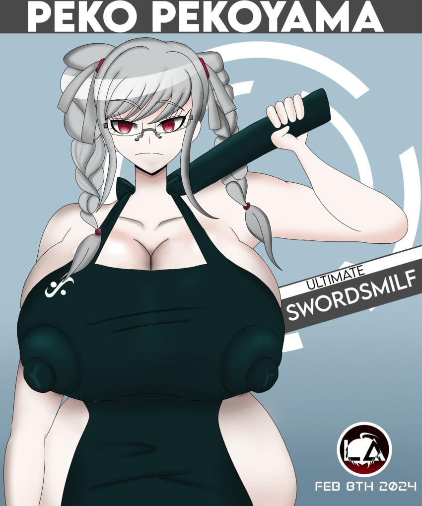 apron danganronpa danganronpa_2:_goodbye_despair female_only loyah_arts(artist) massive_ass massive_breasts massive_thighs milf_peko peko_pekoyama pekoyama_peko silver_hair