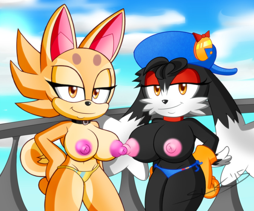 anthro bra breasts canine cashew_(character) clothing duo feline female hi_res klonoa klonoa_(series) looking_at_viewer mammal pac-man pac-man_(series) rule_63 slickehedge underwear video_games voluptuous