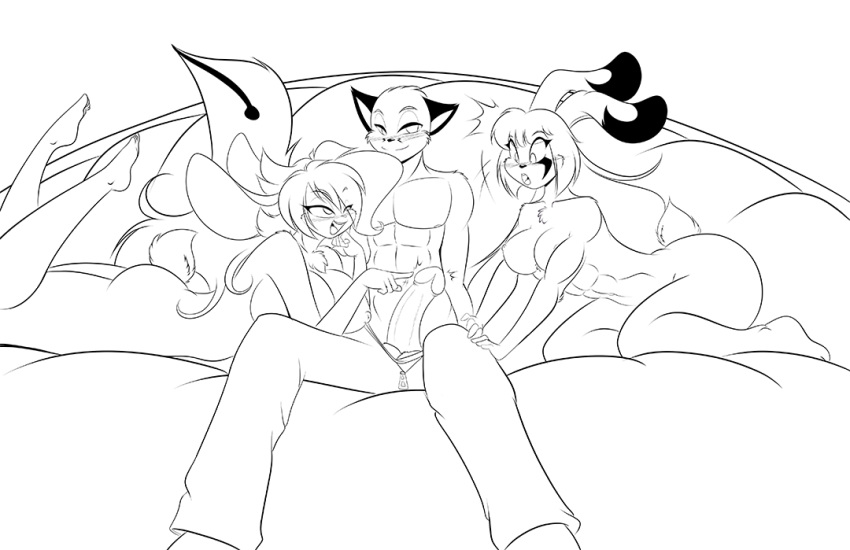 1boy 2017 2girls abs anthro balls bed bedroom big_balls big_breasts big_hair big_penis black_and_white blush breasts canine cleavage clothed clothing curvaceous electricfox777 erection feet female fox hair humanoid_feet jazmin_usagi lagomorph long_hair male mammal mastergodai monochrome muscular muscular_female muscular_male naked nude on_bed open_mouth partially_clothed penis pregnant rabbit rascals reiko_usagi sibling sisters sly_(electronfox777) smile surprised testicles thick_thighs undressing voluptuous wide_hips