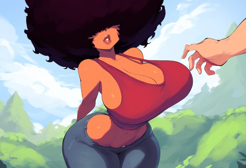 1boy afro ai_generated big_breasts brinne curvy hair_over_eyes mullon novelai original_character tank_top voluptuous_female wide_hips