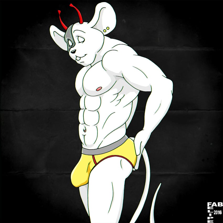 1boy 2016 abs anthro athletic biceps big_muscles biker biker_mice_from_mars black_nose bulge clothed clothing fabfelipe face_mask fur furry furry_only hi_res male male_only mammal martian metal metal_mask muscular muscular_male nipples pecs solo swimsuit teeth topless underwear vinnie_(bmfm) white_fur