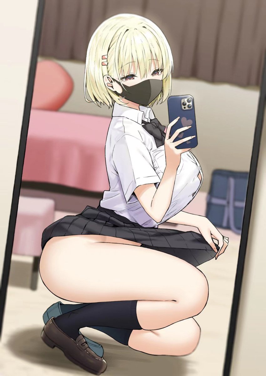 anime_style big_breasts blonde_hair himeko_(sky_(freedom)) masked mirror_selfie no_panties pantiless selfie skirt_lift sky_(freedom) without_panties