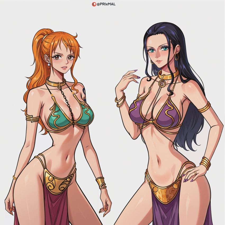 2girls aqua_eyes belly_dancer belly_dancer_outfit black_hair brown_eyes cleavage female female_only harem harem_girl harem_outfit huge_breasts loincloth looking_at_viewer nami nico_robin one_piece orange_hair ponytail post-timeskip prixmal slave slave_bikini slave_collar slave_leia slave_leia_(cosplay) slave_outfit slavegirl star_wars voluptuous