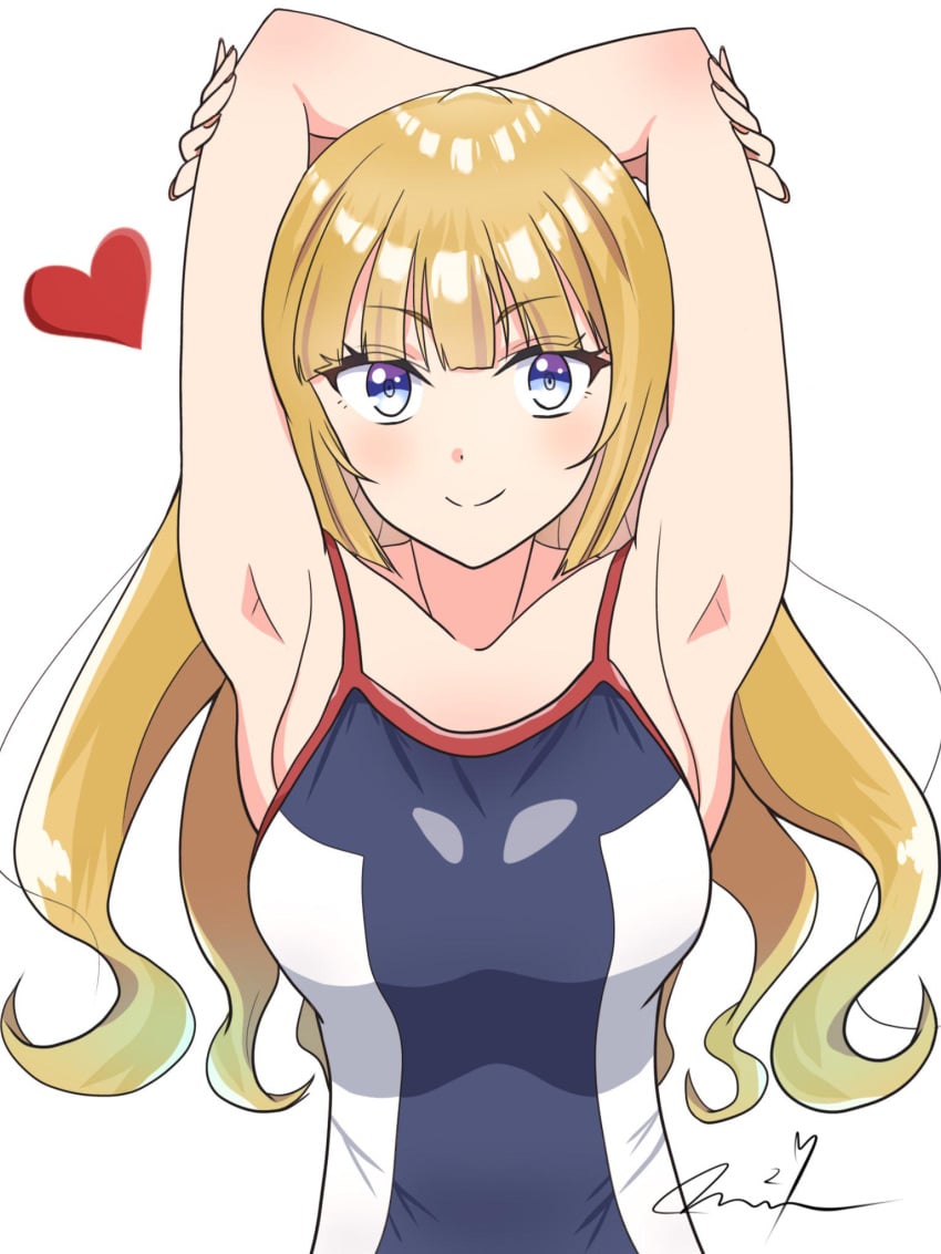 armpits arms_above_head artist_signature bangs blonde_hair blushing breasts classroom_of_the_elite female heart karuizawa_kei light-skinned_female light_skin long_hair looking_at_viewer one-piece_swimsuit pale-skinned_female smiling solo swimsuit upper_body white_background